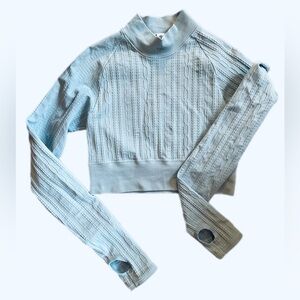 ALO Yoga Seamless Ribbed Cable-Knit Crop Sweater in Pale Blue